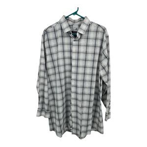 Men's XL J Ferrar Long Sleeved Shirt, Brown/Grey Plaid, Band Collar